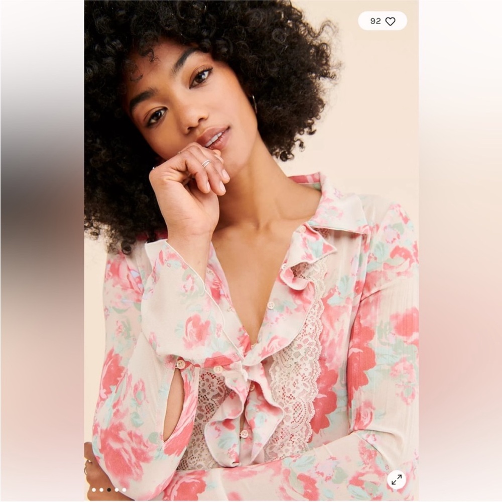 Free people Pink Floral Lace Ruffle Blouse medium boho top